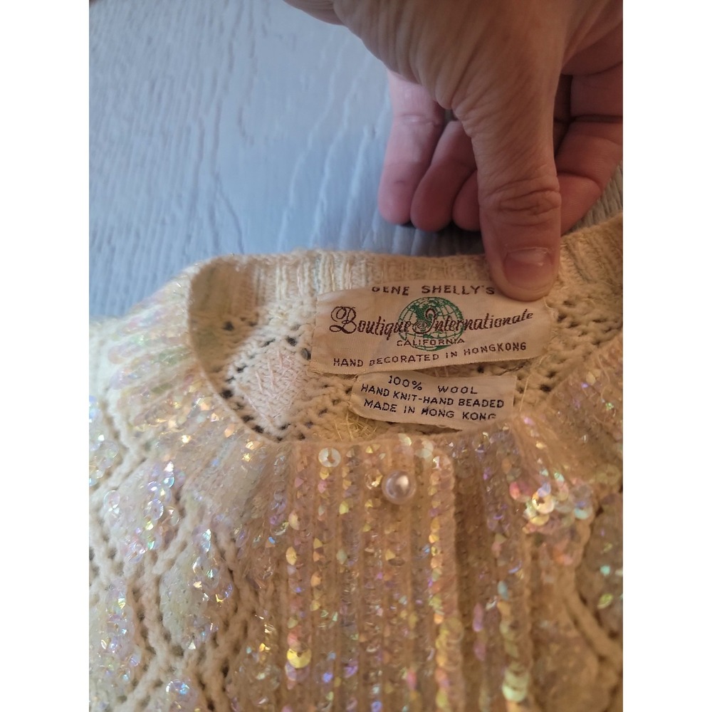 Boutique Internaationale Hand Decorated 100% wool Cropped Cardigan, Sequins A-25 - Picture 3 of 6